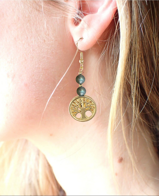 Boucles d'oreilles Arbre de vie LABRADORITE - Protection / Réconfort