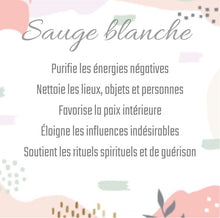 Charger l'image dans la galerie, Purifie les énergies négatives
Sauge Blanche
Nettoie les lieux, objets et personnes
Favorise la paix intérieure
Éloigne les influences indésirables
Soutient les rituels spirituels et de guérison

