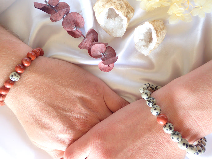 Bracelet Duo Stimulation en Jaspe Dalmatien et Jaspe Rouge – Énergie et Vitalité pour Couples