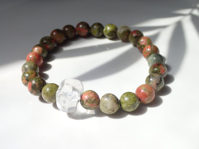 Bracelet Jaspe Unakite et Cristal de Roche - Lithothérapie, Équilibre et Guérison