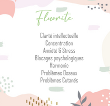 Charger l&#39;image dans la galerie, Fluorite
Clarté intellectuelle
Concentration
Anxiété et Stress
Blocages psychologiques
Harmonie
Problèmes Osseux
Problèmes Cutanés

